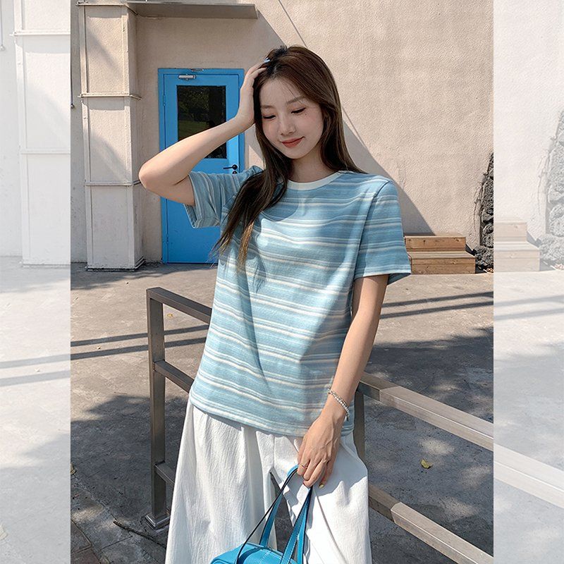 봄 여름 여성 라운드넥 스트라이프 배색넥 반팔 티셔츠 면혼방 데일리룩 캐주얼룩 베이직 - 상세 이미지 5
