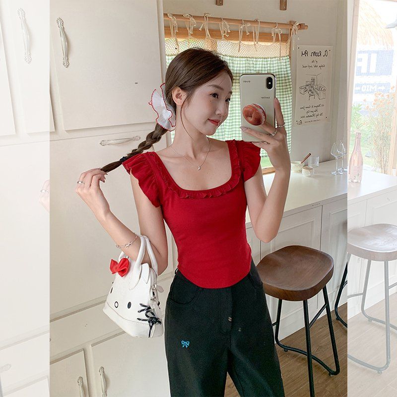 봄 여름 여성 슬림핏 스퀘어넥 프릴소매 컷아웃 백리스 민소매 나시 티셔츠 면스판 - 상세 이미지 5