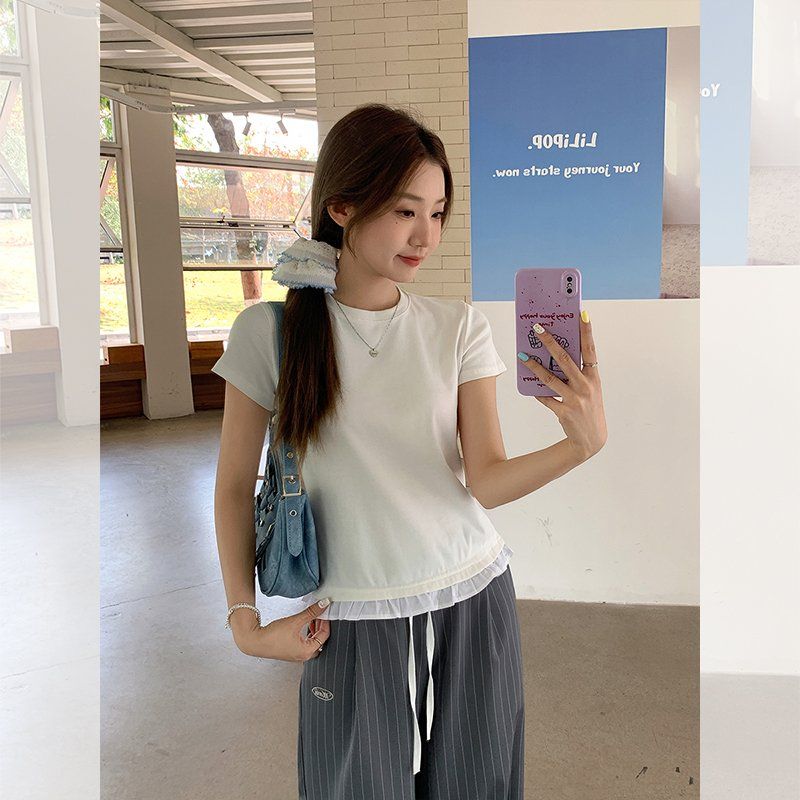 봄 여름 여성 라운드넥 페이크레이어드 밑단 프릴 반팔 티셔츠 면스판 데일리룩 캐주얼룩 - 상세 이미지 2