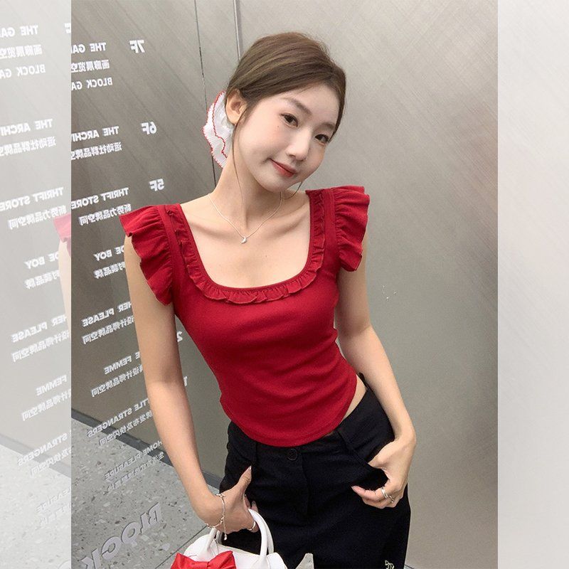 봄 여름 여성 슬림핏 스퀘어넥 프릴소매 컷아웃 백리스 민소매 나시 티셔츠 면스판 - 상세 이미지 2
