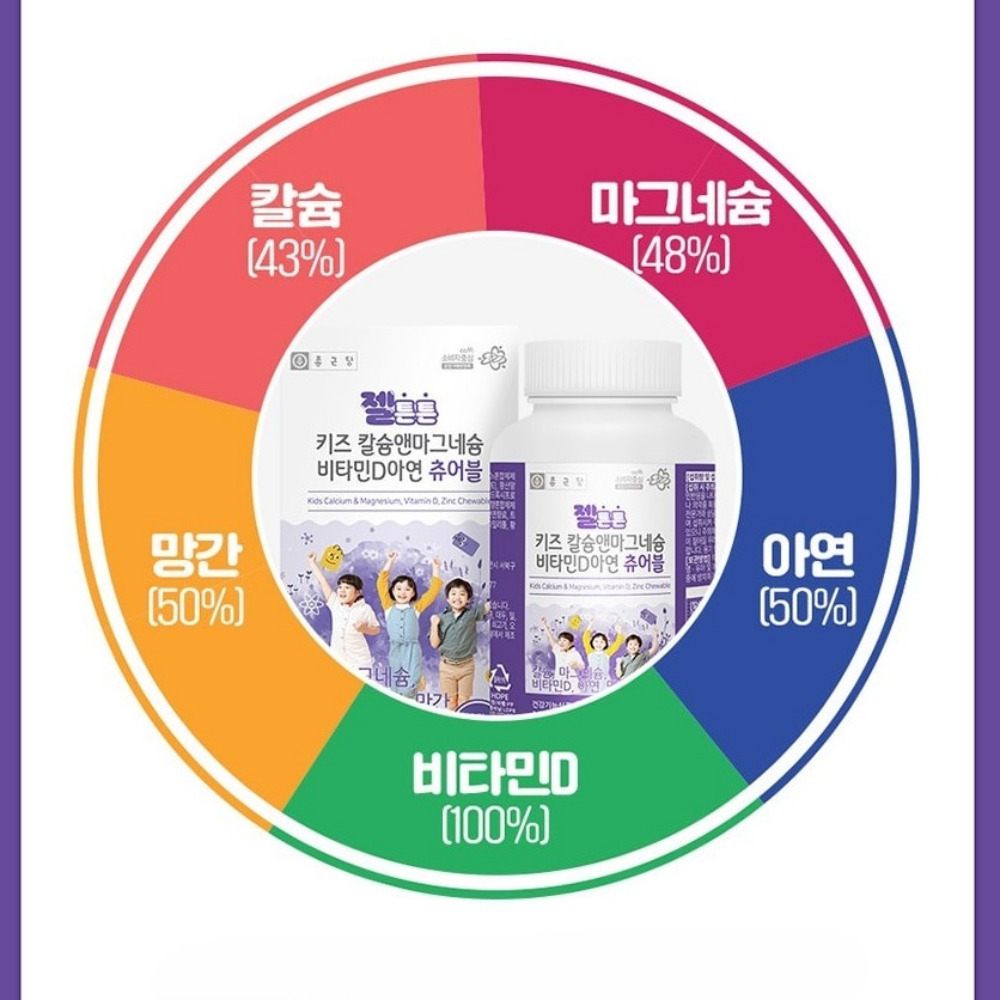 종근당 젤튼튼 키즈 칼슘앤마그네슘 비타민D아연 츄어블 성장기 아기 수유부 120정, 1개 - 상세 이미지 4