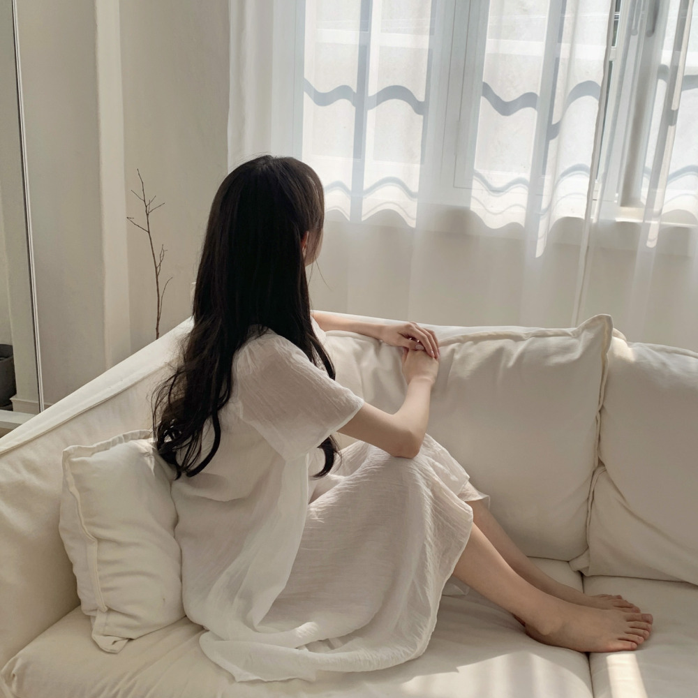 거즈면잠옷 여름원피스잠옷 반팔 순면 공주 레이스 화이트 거즈 파자마 이미지 2