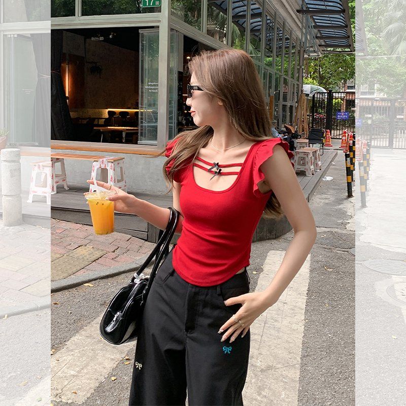 봄 여름 여성 슬림핏 스퀘어넥 프릴소매 컷아웃 백리스 민소매 나시 티셔츠 면스판 - 상세 이미지 4