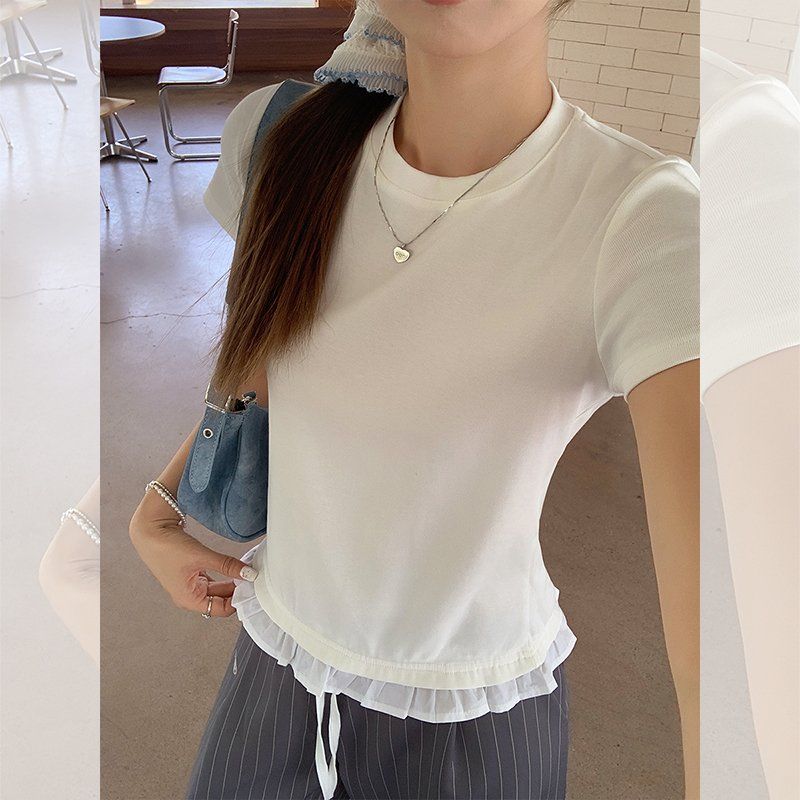 봄 여름 여성 라운드넥 페이크레이어드 밑단 프릴 반팔 티셔츠 면스판 데일리룩 캐주얼룩 - 상세 이미지 3