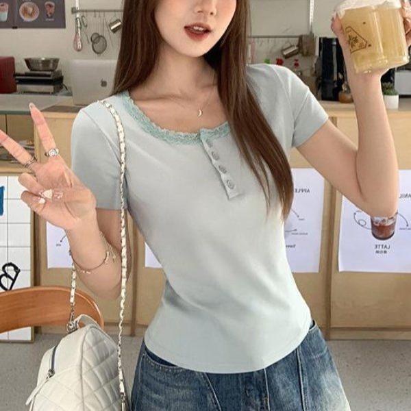 봄 여름 여성 슬림핏 스퀘어넥 레이스배색 반팔 티셔츠 면스판 데일리룩 캐주얼룩 페미닌 - 상품 이미지