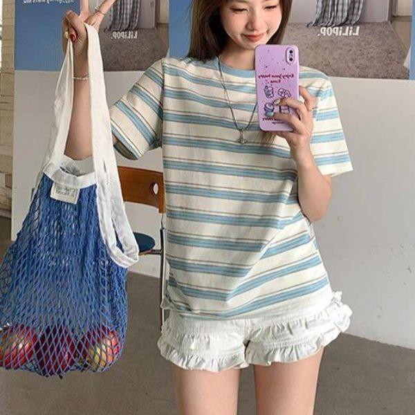 봄 여름 여성 라운드넥 스트라이프 배색넥 반팔 티셔츠 면혼방 데일리룩 캐주얼룩 베이직 - 상품 이미지