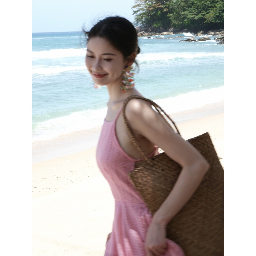 휴양지 비치룩 백리스 리본 롱 원피스 바캉스 드레스 연피치핑크 S - 상세 이미지 5