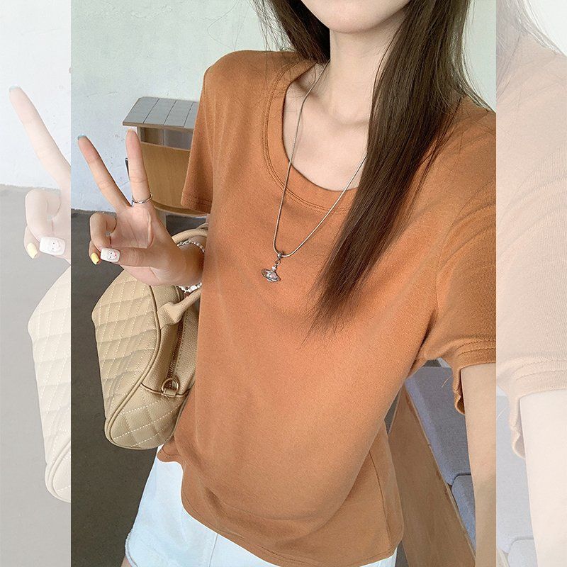 심플티 캐주얼룩 베이직 데일리룩 여성 봄 여름 루즈핏 무지 반팔 티셔츠 U넥 면혼방 - 상세 이미지 2