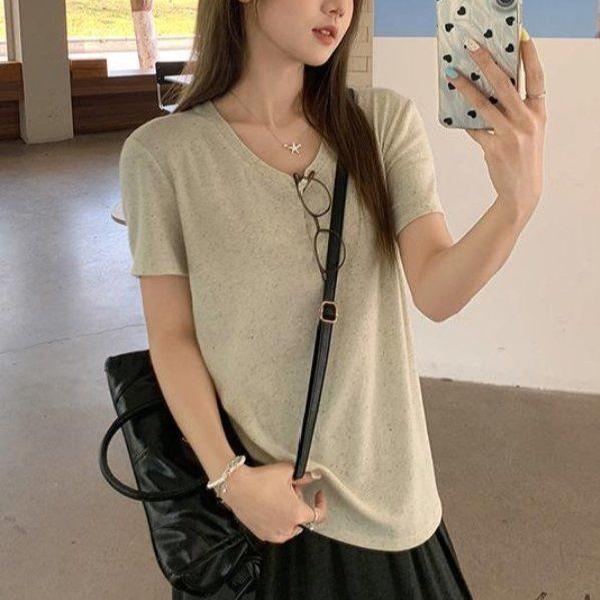 봄 여름 여성 루즈핏 U넥 무지 반팔 티셔츠 면혼방 데일리룩 베이직 캐주얼룩 심플티 - 상품 이미지