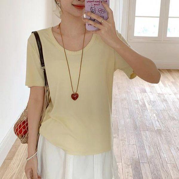 봄 여름 여성 루즈핏 U넥 무지 반팔 티셔츠 비스코스 면혼방 데일리룩 베이직 캐주얼 심플티 - 상품 이미지