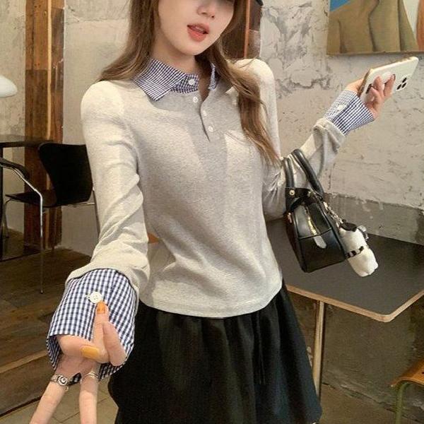 봄 가을 여성 슬림핏 PK카라 페이크레이어드 체크배색 긴팔 티셔츠 면스판 데일리룩 캐주얼룩 - 메인 이미지