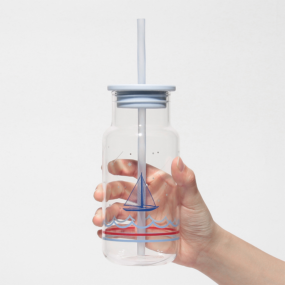 일본 스타벅스 글라스 텀블러 마린 보더 빨대 473ml - 상세 이미지 4