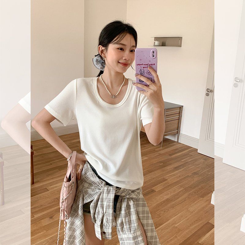 봄 여름 여성 루즈핏 U넥 무지 반팔 티셔츠 비스코스 면혼방 데일리룩 베이직 캐주얼 심플티 - 상세 이미지 5