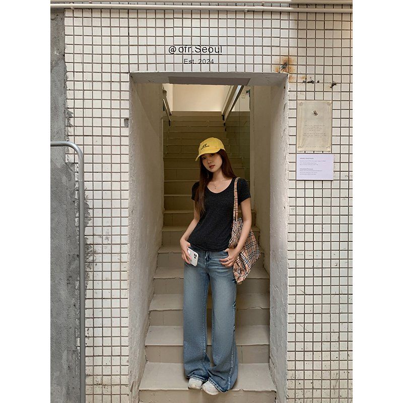 봄 여름 여성 슬림핏 브이넥 무지 반팔 티셔츠 폴리 비스코스 혼방 데일리룩 베이직 캐주얼 - 상세 이미지 5