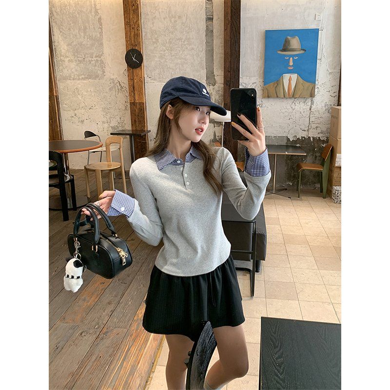 봄 가을 여성 슬림핏 PK카라 페이크레이어드 체크배색 긴팔 티셔츠 면스판 데일리룩 캐주얼룩 - 상세 이미지 4
