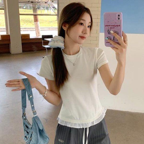 봄 여름 여성 라운드넥 페이크레이어드 밑단 프릴 반팔 티셔츠 면스판 데일리룩 캐주얼룩 - 메인 이미지