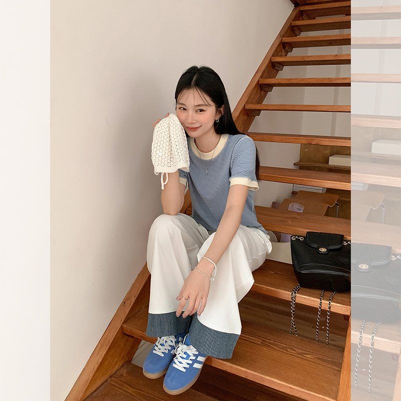 봄 여름 여성 루즈핏 라운드넥 스트라이프 배색 반팔 티셔츠 면스판 데일리룩 캐주얼룩 베이직 - 상세 이미지 3