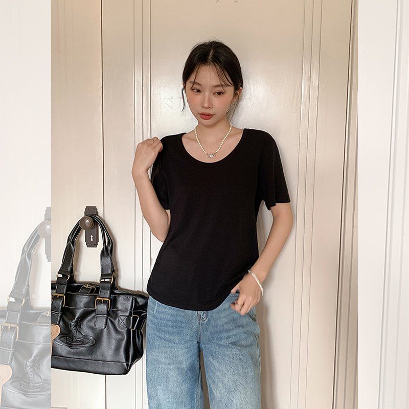 봄 여름 여성 루즈핏 U넥 무지 반팔 티셔츠 비스코스 면혼방 데일리룩 베이직 캐주얼 심플티 - 상세 이미지 3