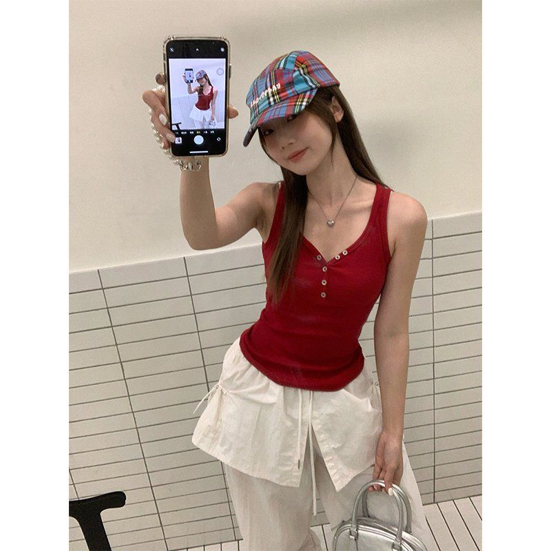 봄 여름 여성 슬림핏 브이넥 앞버튼 골지 민소매 나시 티셔츠 면스판 데일리룩 캐주얼룩 - 상세 이미지 4