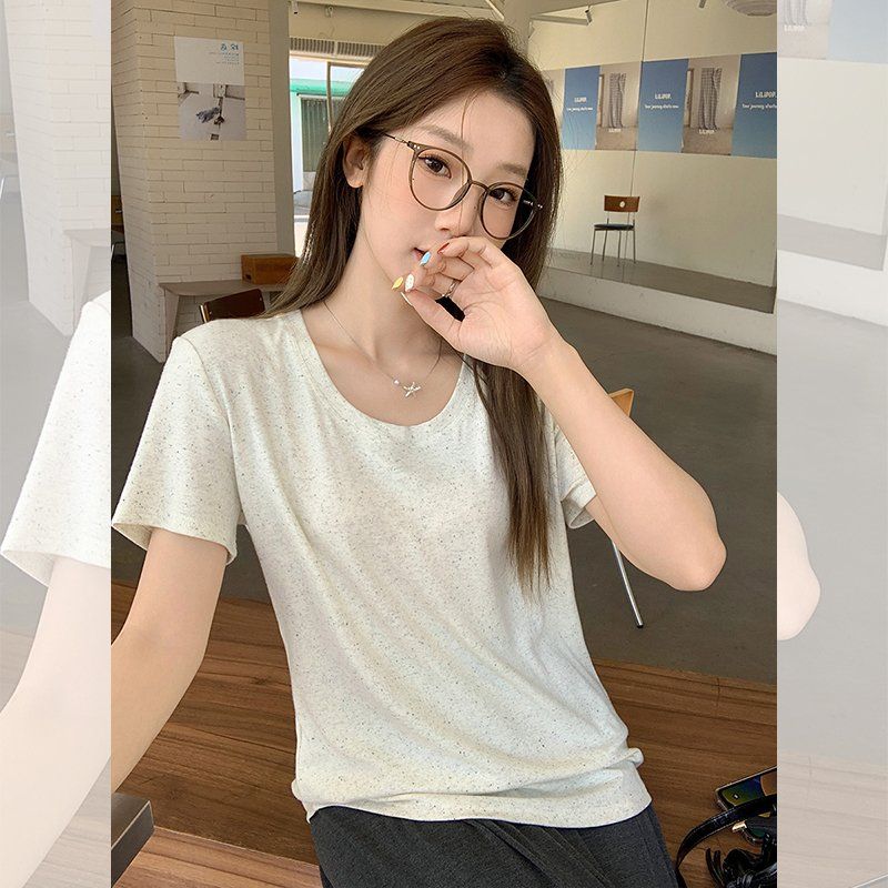 심플티 캐주얼룩 베이직 데일리룩 여성 봄 여름 루즈핏 무지 반팔 티셔츠 U넥 면혼방 - 상세 이미지 4