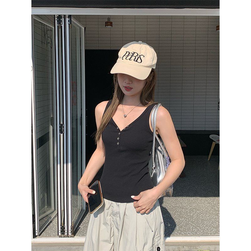 봄 여름 여성 슬림핏 브이넥 앞버튼 골지 민소매 나시 티셔츠 면스판 데일리룩 캐주얼룩 - 상세 이미지 2