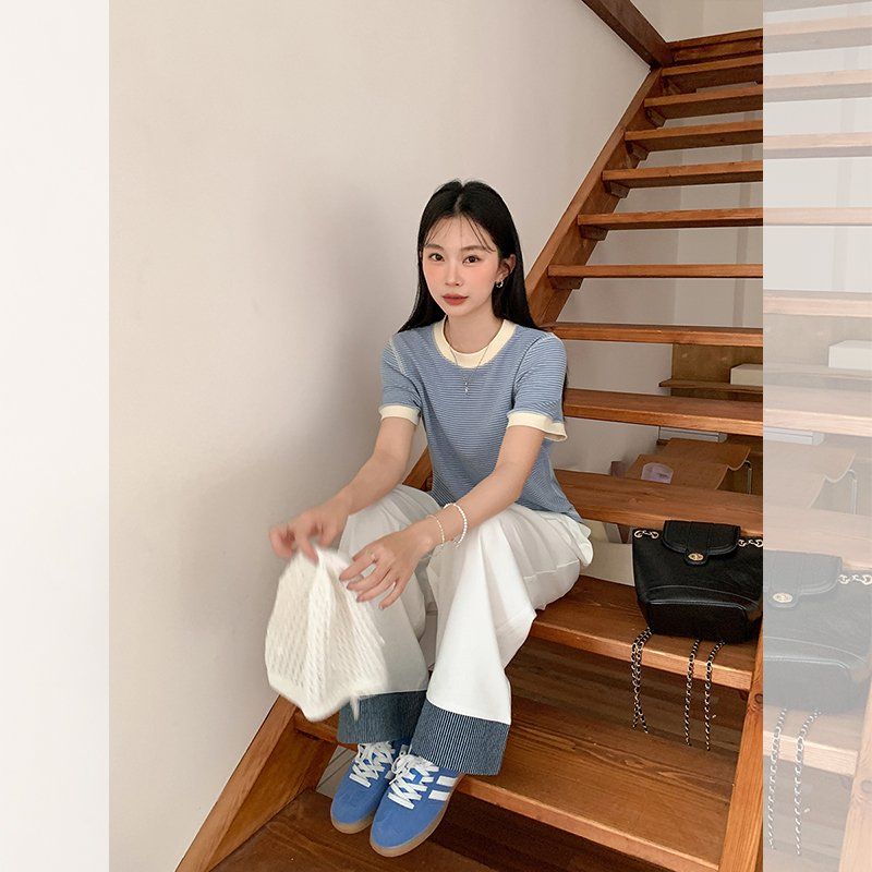 봄 여름 여성 루즈핏 라운드넥 스트라이프 배색 반팔 티셔츠 면스판 데일리룩 캐주얼룩 베이직 - 상세 이미지 4