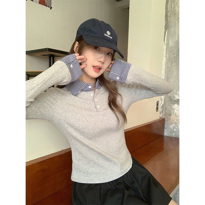 봄 가을 여성 슬림핏 PK카라 페이크레이어드 체크배색 긴팔 티셔츠 면스판 데일리룩 캐주얼룩 - 상세 이미지 3