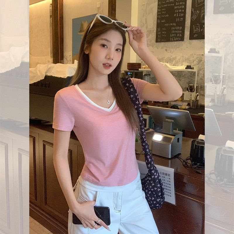 봄 여름 여성 슬림핏 브이넥 배색 반팔 티셔츠 폴리 비스코스 혼방 데일리룩 캐주얼 - 상세 이미지 5