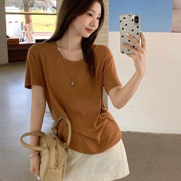 심플티 캐주얼룩 베이직 데일리룩 여성 봄 여름 루즈핏 무지 반팔 티셔츠 U넥 면혼방 - 상품 이미지