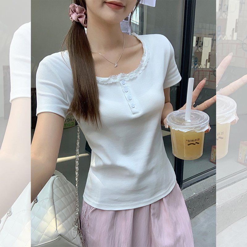 봄 여름 여성 슬림핏 스퀘어넥 레이스배색 반팔 티셔츠 면스판 데일리룩 캐주얼룩 페미닌 - 상세 이미지 3