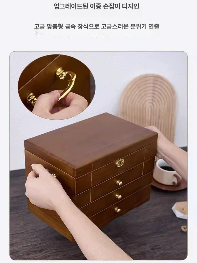 원목 보석함 레트로 빈티지 캐비닛 보석 엔틱 패물함 단층 전면 잠금-브라운 안감 - 상세 이미지 4