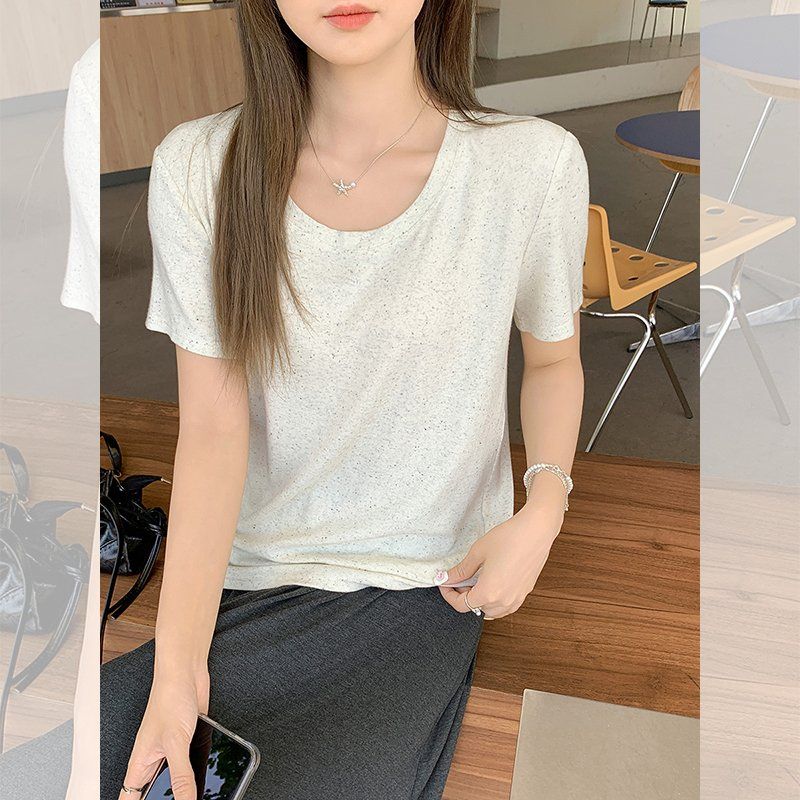 심플티 캐주얼룩 베이직 데일리룩 여성 봄 여름 루즈핏 무지 반팔 티셔츠 U넥 면혼방 - 상세 이미지 5