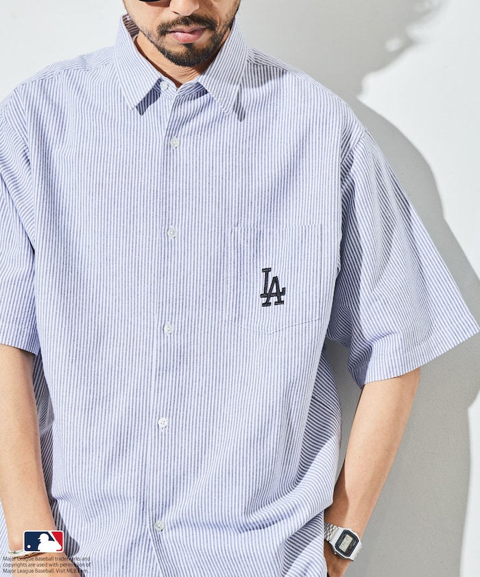 프릭스스토어 X MLB 반팔 옥스포드 셔츠 스트라이프