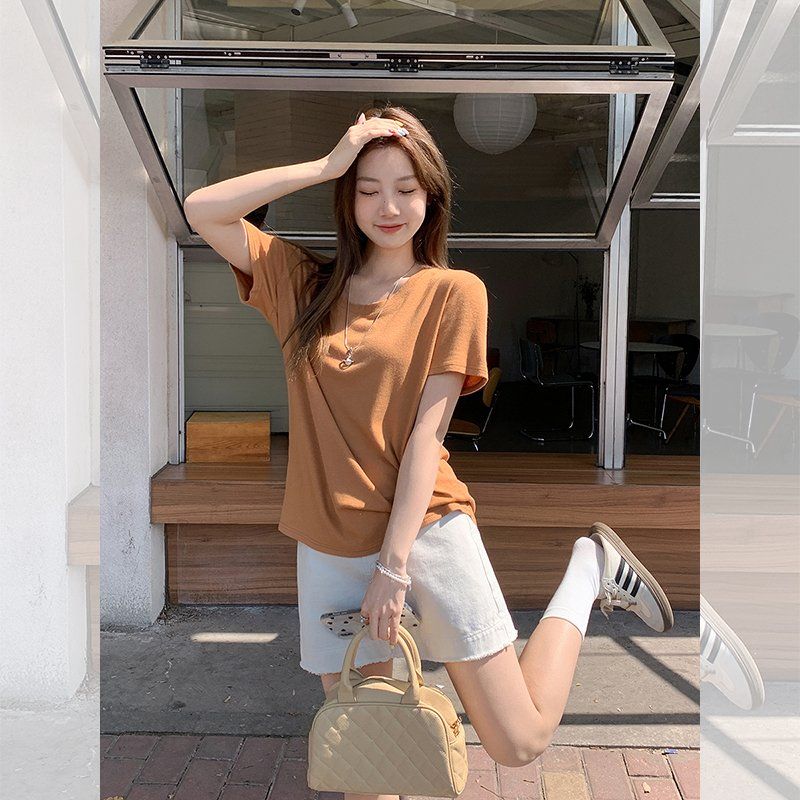 심플티 캐주얼룩 베이직 데일리룩 여성 봄 여름 루즈핏 무지 반팔 티셔츠 U넥 면혼방 - 상세 이미지 3
