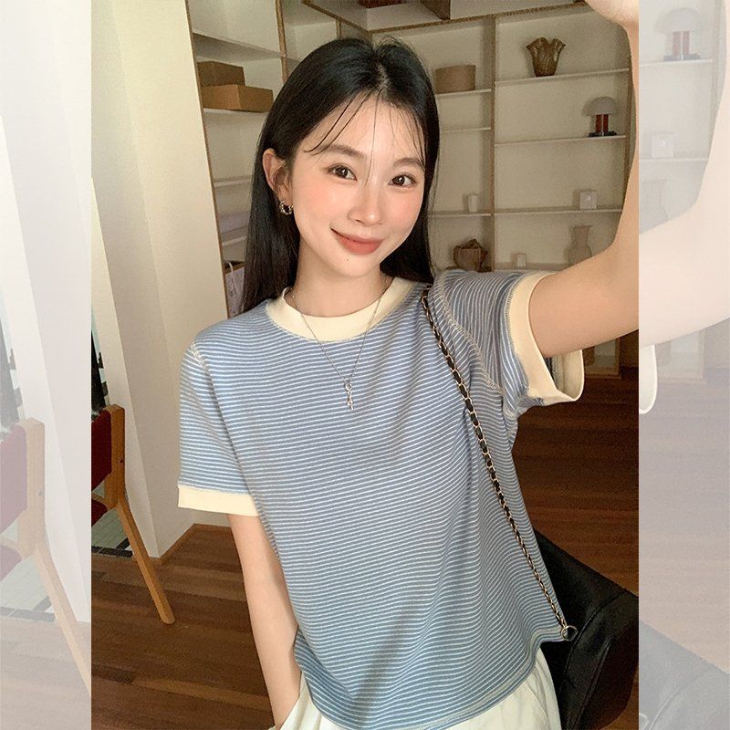 봄 여름 여성 루즈핏 라운드넥 스트라이프 배색 반팔 티셔츠 면스판 데일리룩 캐주얼룩 베이직 - 상세 이미지 2