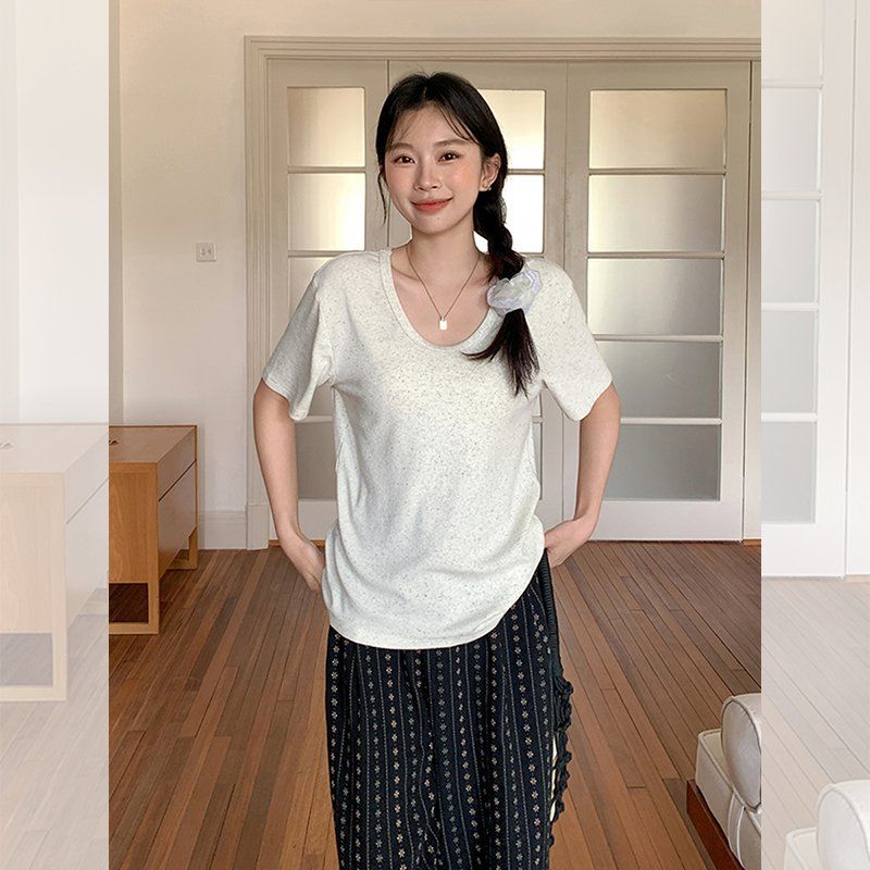 봄 여름 여성 루즈핏 U넥 무지 반팔 티셔츠 비스코스 면혼방 데일리룩 베이직 캐주얼 심플티 - 상세 이미지 2
