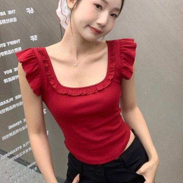 봄 여름 여성 슬림핏 스퀘어넥 프릴소매 컷아웃 백리스 민소매 나시 티셔츠 면스판 - 메인 이미지