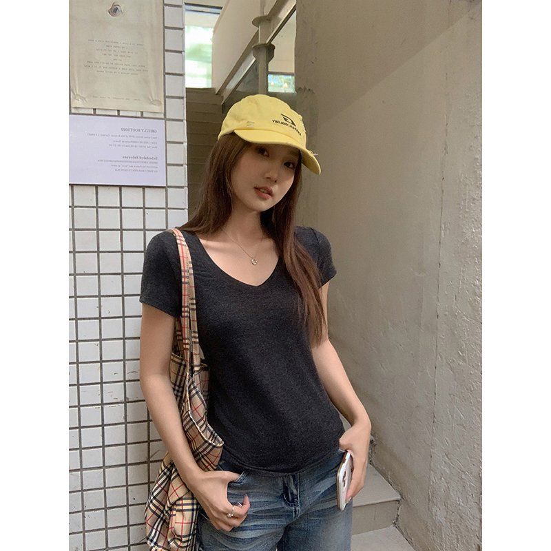 봄 여름 여성 슬림핏 브이넥 무지 반팔 티셔츠 폴리 비스코스 혼방 데일리룩 베이직 캐주얼 - 상세 이미지 2