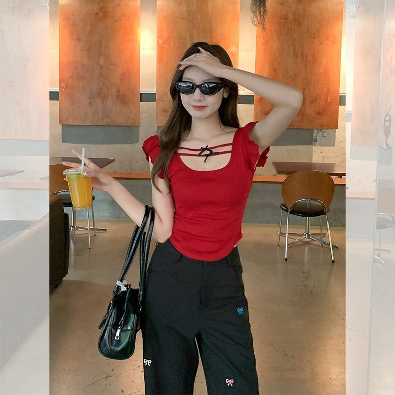 봄 여름 여성 슬림핏 스퀘어넥 프릴소매 컷아웃 백리스 민소매 나시 티셔츠 면스판 - 상세 이미지 3