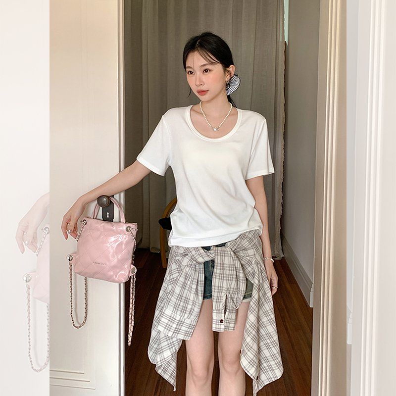 심플티 캐주얼 베이직 데일리룩 여성 봄 여름 루즈핏 무지 반팔 티셔츠 U넥 비스코스 면혼방 - 상세 이미지 2