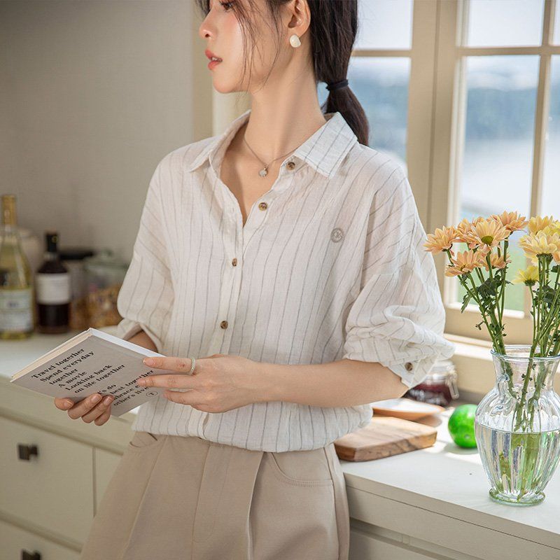 봄 여름 루즈핏 스트라이프 롱셔츠 긴팔 브이넥 블라우스 데일리룩 체형커버 여리여리핏 - 상세 이미지 2
