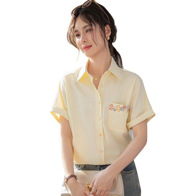 봄 여름 슬림핏 꽃자수 반팔 셔츠 스탠드카라 블라우스 데일리룩 오피스룩 출근룩 깔끔한 - 상세 이미지 5