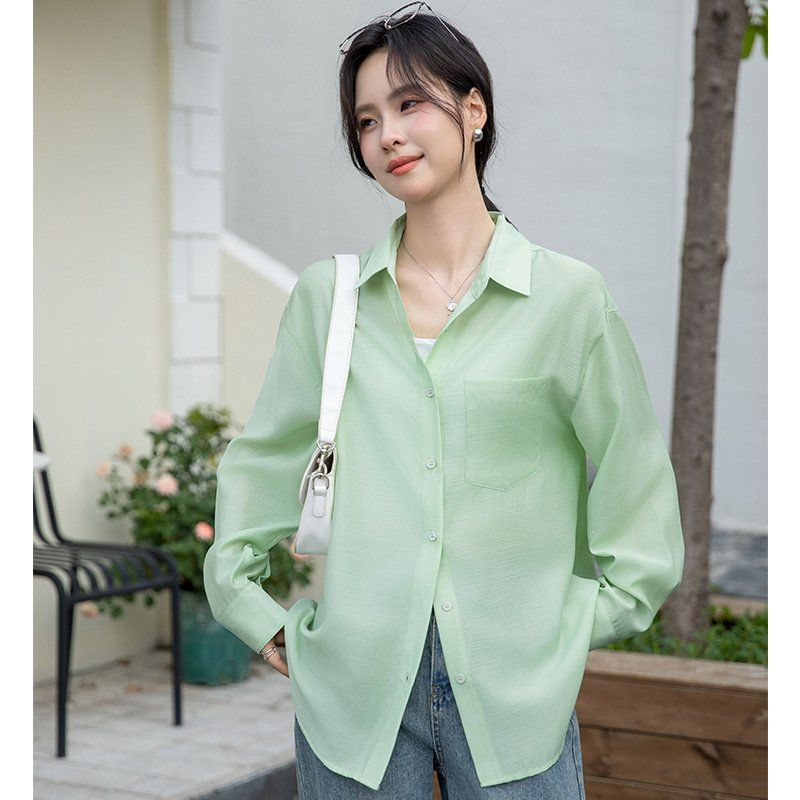 봄 여름 루즈핏 긴팔 셔츠 브이넥 블라우스 데일리룩 오피스룩 시스루 간절기 아우터 - 메인 이미지
