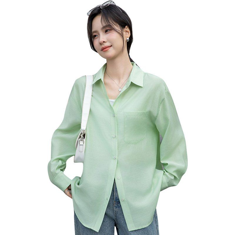 봄 여름 루즈핏 긴팔 셔츠 브이넥 블라우스 데일리룩 오피스룩 시스루 간절기 아우터 - 상세 이미지 5