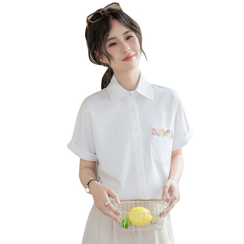 꽃자수 반팔 셔츠 브이넥 블라우스 봄 여름 슬림핏 데일리룩 오피스룩 출근룩 깔끔한 - 상세 이미지 5