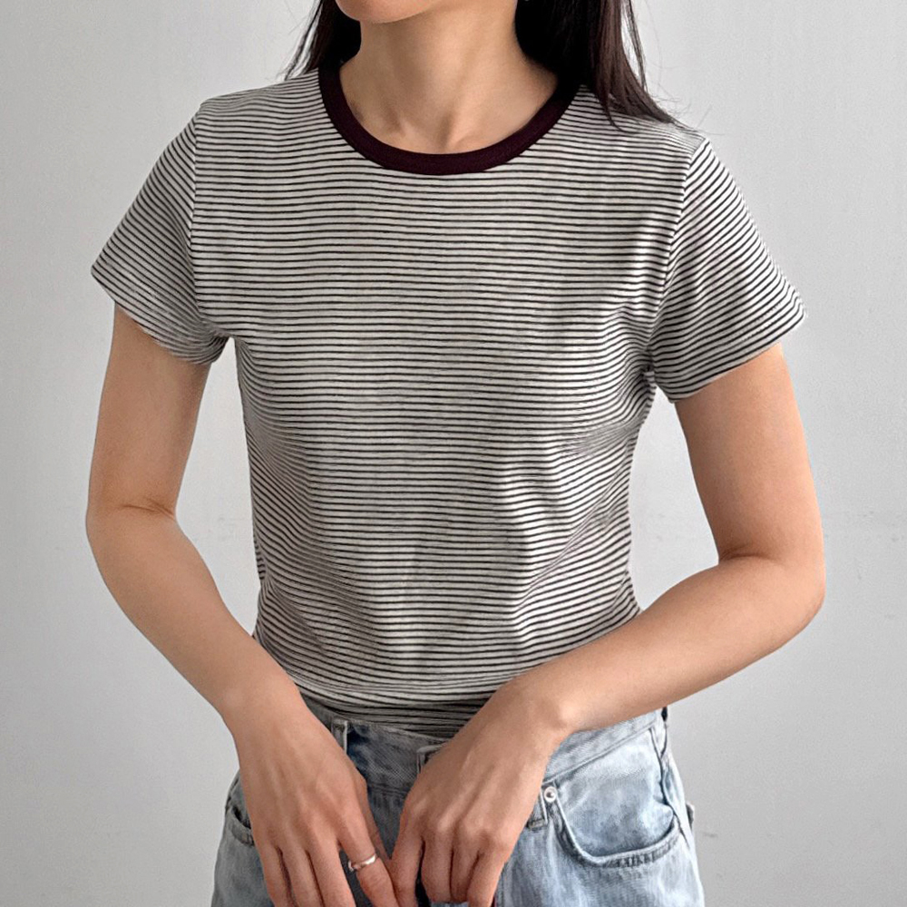 캐주얼 배색 단가라 여름 여성 티셔츠 기본 면 라운드 스트라이프 티셔츠 여자 세미크롭반팔티 - 상품 이미지