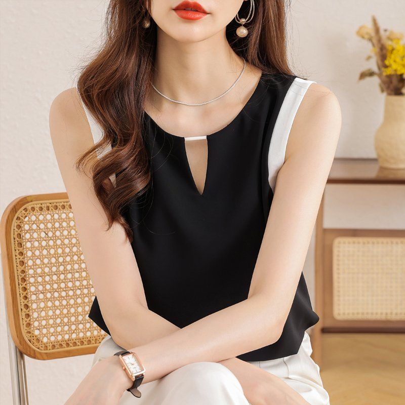 여름 여성 루즈핏 라운드넥 넥트임 배색 민소매 블라우스 폴리 오피스룩 데일리룩 하객룩 나시 - 상세 이미지 5