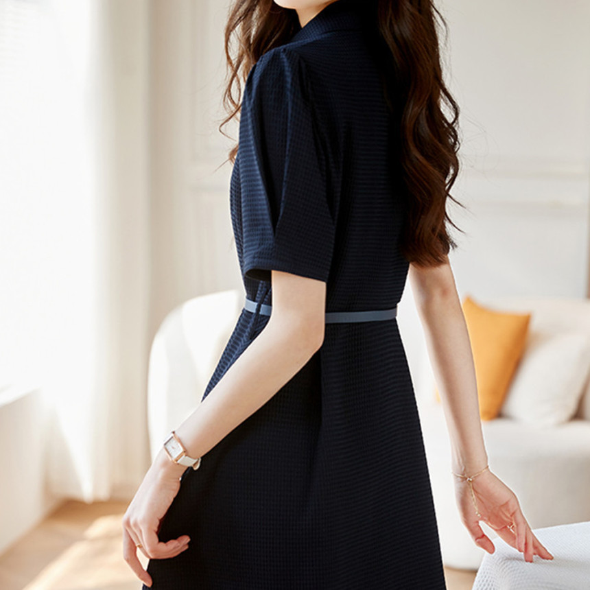 러블리해라 여름 A라인 롱원피스 반팔 네이비 여성 하객룩 카라 출근룩 시원한 오피스룩
