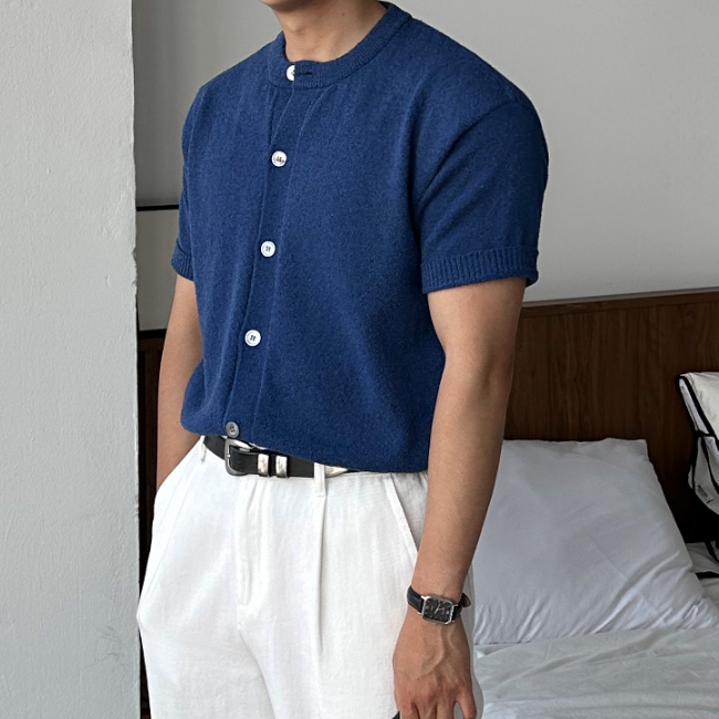 남자 세스 세미 머슬핏 여름 부클 아이스 쿨 헨리넥 반팔 가디건 이미지 6