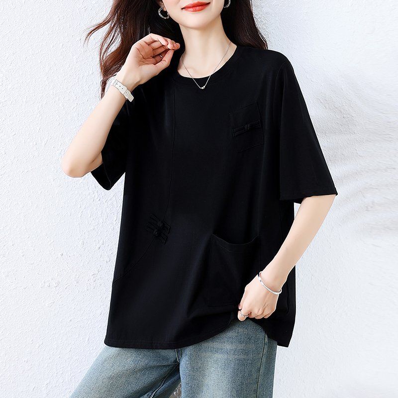 여름 여성 루즈핏 라운드넥 포켓 매듭장식 반팔 티셔츠 면스판 데일리룩 캐주얼룩 빅사이즈 - 상세 이미지 3